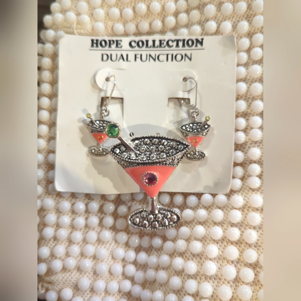 Hope Collection Dual Function Martini Cocktail Pin Brooch/ Pendant & Earrings
